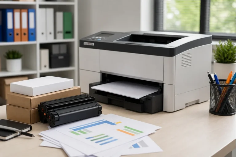 Office printer and paperwork for business cartridge orders.