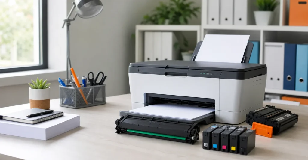Printer and ink cartridges on a tidy home office desk.